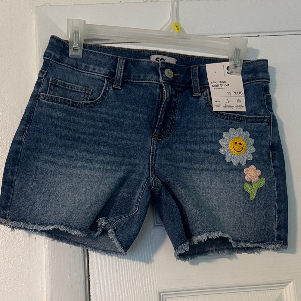 SO Women's Blue Jean Shorts with Cute Floral Patch